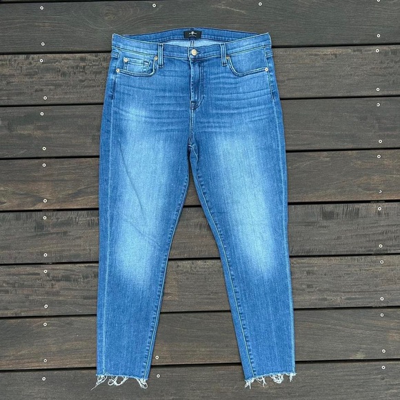 7 For All Mankind Blue Medium Wash Stretchy Skinny Jeans w/ Frayed Hem - Picture 1 of 8